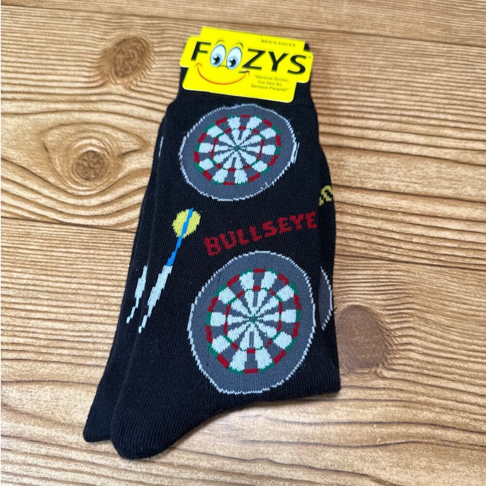 New Foozys Dress Socks Mens 10-13 Black Bullseye Dartboard Mid Calf Gift